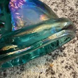 Fenton Beautiful Teal Iridescent Carnival Glass 11 Tall Winking Cat Figurine