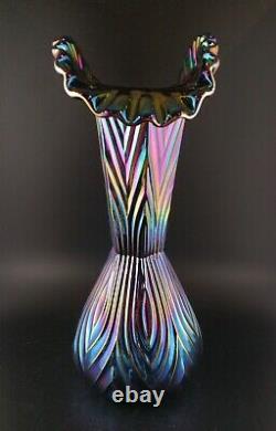 Fenton Black Amethyst Iridescent Carnival Electric Ribbed Crimped Glass Vase