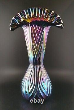 Fenton Black Amethyst Iridescent Carnival Electric Ribbed Crimped Glass Vase