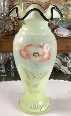 Fenton Black Crest / Vaseline / Topaz Opalescent Poppy Carnival Vase 10.75 Tall