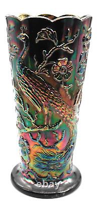 Fenton Black / Dark Amethyst # 8257 Peacock Floral Garden Carnival Glass Vase