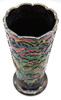 Fenton Black / Dark Amethyst # 8257 Peacock Floral Garden Carnival Glass Vase