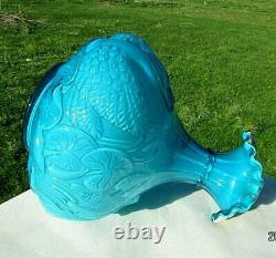 Fenton Blue Azure Glossy Glass SWAN & Cattails Vase 8.25H x 7.25W