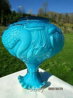 Fenton Blue Azure Glossy Glass SWAN & Cattails Vase 8.25H x 7.25W