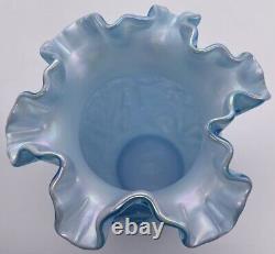 Fenton Blue Carnival Art Glass Opalescence 8 Ruffled Vase with Daffodils
