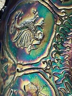 Fenton Blue Dragon and Lotus Carnival Glass Iridescent Scalloped Edge Bowl