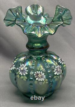 Fenton Blue Iridescent Carnival Glass Hand Painted Artist Signed Beaded Vase