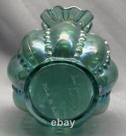Fenton Blue Iridescent Carnival Glass Hand Painted Artist Signed Beaded Vase