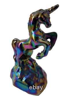 Fenton Blue Iridescent Carnival Glass Unicorn Figurine 5.4 Tall