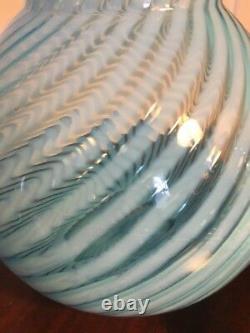 Fenton Blue Opalescent Swirl Spiral Optic Glass Water Pitcher and Hobnail Basket