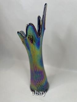Fenton Carnival Art Glass Vase Amethyst Diamond Print Iridescent 15