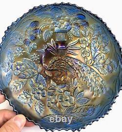 Fenton Carnival Glass Bowl Peacock and Urn, 8 Iridescent Blue Vintage Art Glass