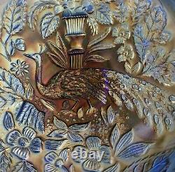 Fenton Carnival Glass Bowl Peacock and Urn, 8 Iridescent Blue Vintage Art Glass