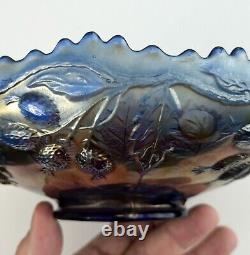 Fenton Carnival Glass Bowl Peacock and Urn, 8 Iridescent Blue Vintage Art Glass