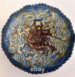 Fenton Carnival Glass Bowl Peacock and Urn, 8 Iridescent Blue Vintage Art Glass