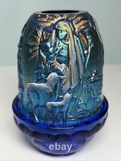 Fenton Carnival Glass Nativity Fairy Lamp Hand Painted Signed Iridescent Blue