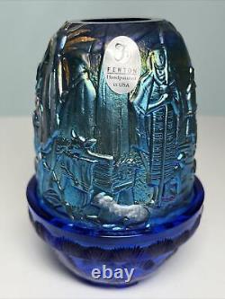 Fenton Carnival Glass Nativity Fairy Lamp Hand Painted Signed Iridescent Blue