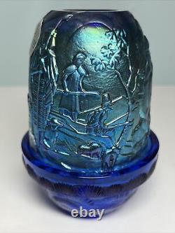 Fenton Carnival Glass Nativity Fairy Lamp Hand Painted Signed Iridescent Blue