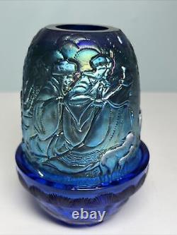 Fenton Carnival Glass Nativity Fairy Lamp Hand Painted Signed Iridescent Blue