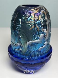 Fenton Carnival Glass Nativity Fairy Lamp Hand Painted Signed Iridescent Blue