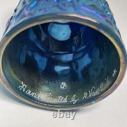 Fenton Carnival Glass Nativity Fairy Lamp Hand Painted Signed Iridescent Blue