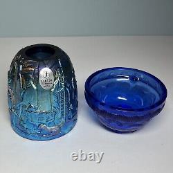 Fenton Carnival Glass Nativity Fairy Lamp Hand Painted Signed Iridescent Blue