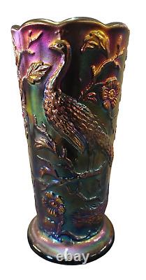 Fenton Carnival Glass Peacock Vase, 8 Tall x 4 Wide, Iridescent Finish