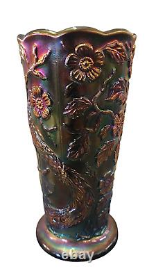 Fenton Carnival Glass Peacock Vase, 8 Tall x 4 Wide, Iridescent Finish