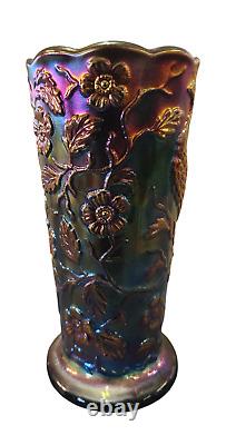 Fenton Carnival Glass Peacock Vase, 8 Tall x 4 Wide, Iridescent Finish