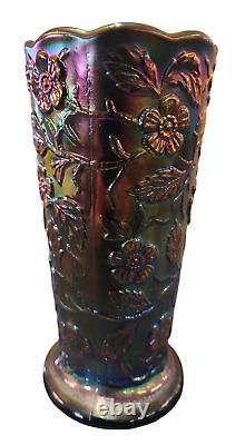 Fenton Carnival Glass Peacock Vase, 8 Tall x 4 Wide, Iridescent Finish