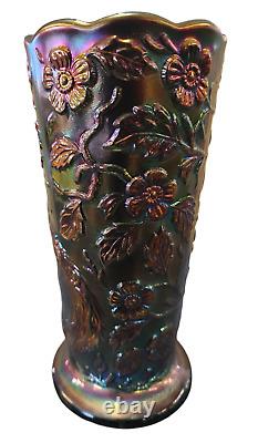 Fenton Carnival Glass Peacock Vase, 8 Tall x 4 Wide, Iridescent Finish