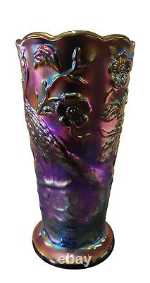 Fenton Carnival Glass Peacock Vase, 8 Tall x 4 Wide, Iridescent Finish-FP2