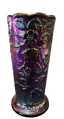 Fenton Carnival Glass Peacock Vase, 8 Tall x 4 Wide, Iridescent Finish-FP2