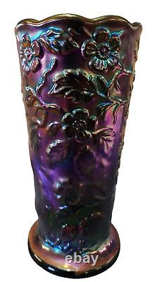 Fenton Carnival Glass Peacock Vase, 8 Tall x 4 Wide, Iridescent Finish-FP2