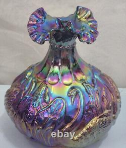 Fenton Carnival Glass SWAN VASE Purple Opalescent Iridescent Art Ruffles SIGNED
