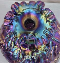 Fenton Carnival Glass SWAN VASE Purple Opalescent Iridescent Art Ruffles SIGNED