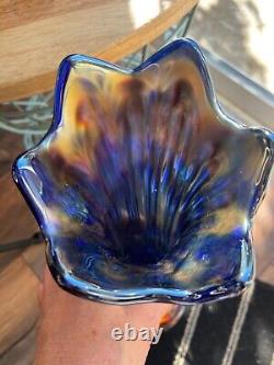 Fenton Carnival Glass Swung Vase 12 Blue April Showers