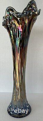 Fenton Carnival Glass Swung Vase 13.5 Blue Beaded Bullseye