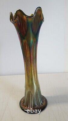 Fenton Carnival Glass Vase Green Iridescent 11 Inches Ribbed Swung 8623JR