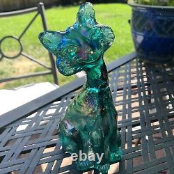 Fenton Carnival Glass Winking Alley Cat 11 Green Blue Iridescent