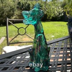 Fenton Carnival Glass Winking Alley Cat 11 Green Blue Iridescent