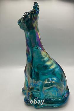 Fenton Carnival Glass Winking Alley Cat 11 Green Blue Iridescent