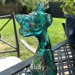 Fenton Carnival Glass Winking Alley Cat 11 Green Blue Iridescent