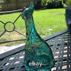 Fenton Carnival Glass Winking Alley Cat 11 Green Blue Iridescent