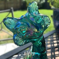 Fenton Carnival Glass Winking Alley Cat 11 Green Blue Iridescent