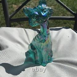 Fenton Carnival Glass Winking Alley Cat 11 Green Blue Iridescent