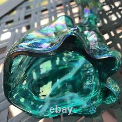 Fenton Carnival Glass Winking Alley Cat 11 Green Blue Iridescent