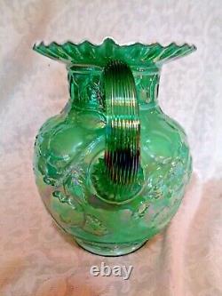 Fenton Carnival Glass or Blue Opalescent Apple Blossom Pitcher withRuffled Edge
