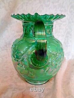 Fenton Carnival Glass or Blue Opalescent Apple Blossom Pitcher withRuffled Edge