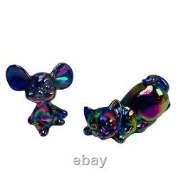 Fenton Carnival Iridescent Mouse & Cat Figurine Set Vintage Art Glass Heavy